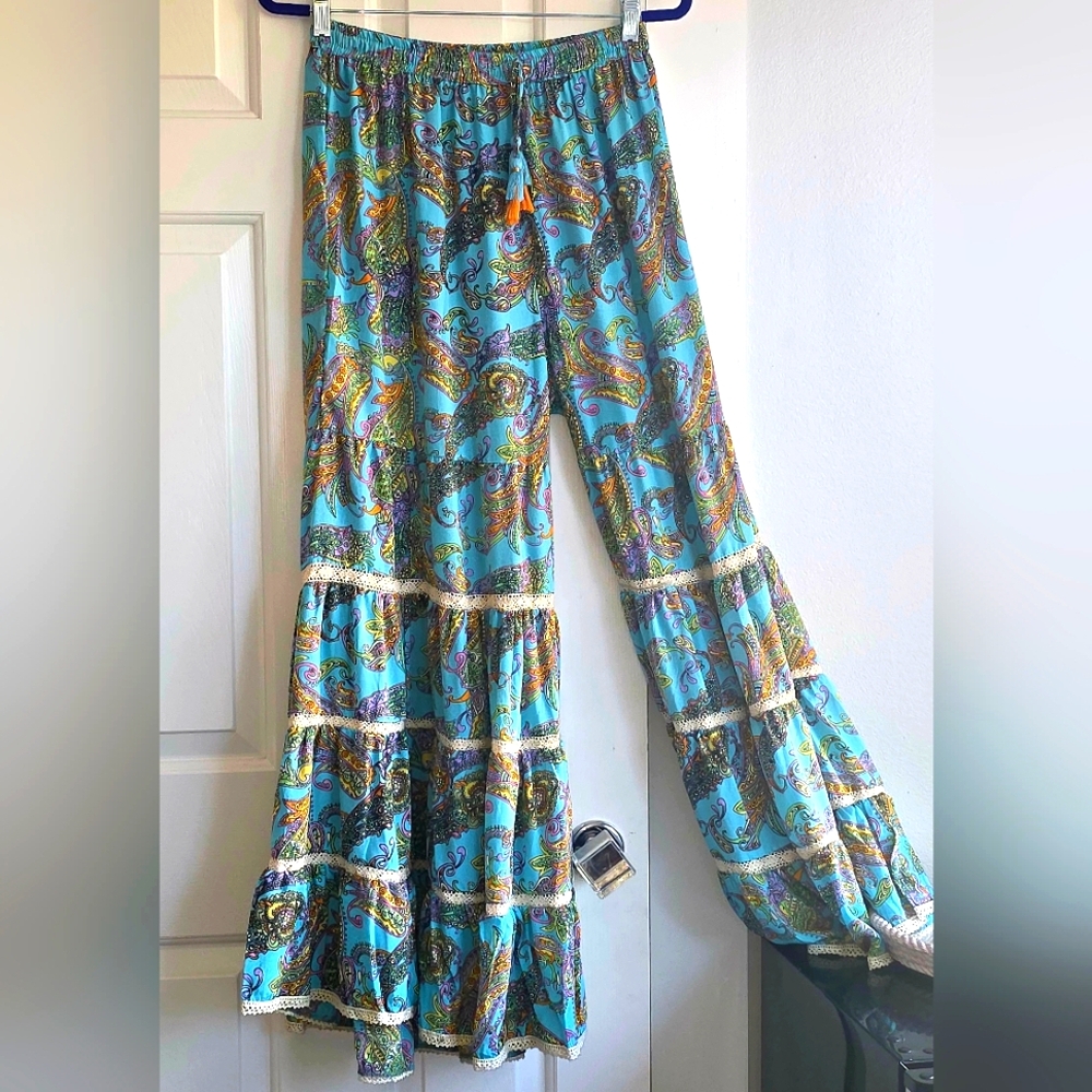 Boho Turquoise Paisley Tiered Flare Pants